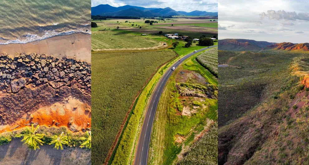 three images of landscapes including beach and sand, grass and mountains, and a dry mountainous landscape
