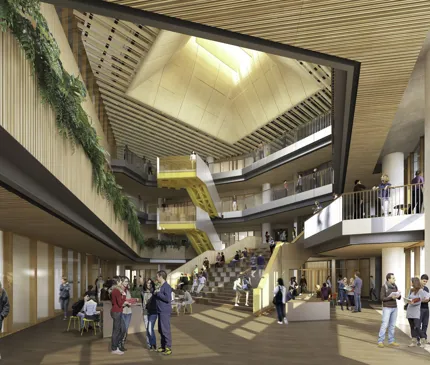 JCU Engineering And Innovation Place Artists Render Of Interior With Open Atrium High Ceiling Plants Overhanging Level Two And Yellow Staircase on
