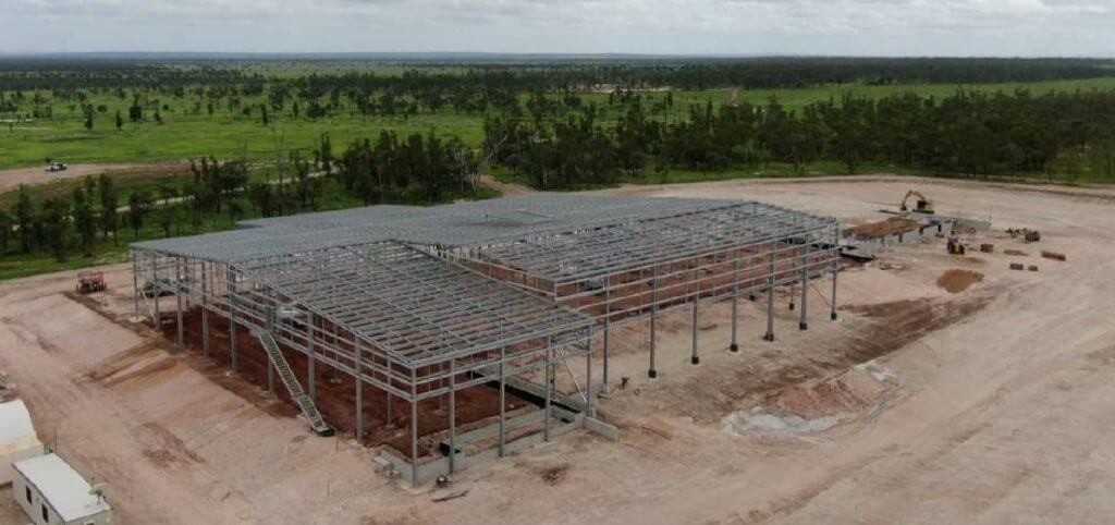 Aerial view of Signature Onfarm Beef Processing Facility steel framework under construction