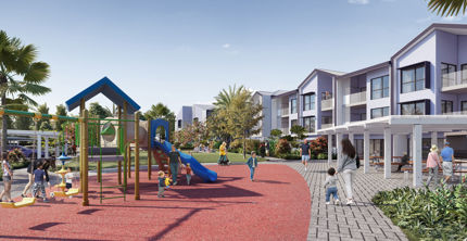 Render of Cairns Seniors Community Housing Project featuring a children's playground with red rubber flooring, tropical plants, and two-story light blue and white accommodation.